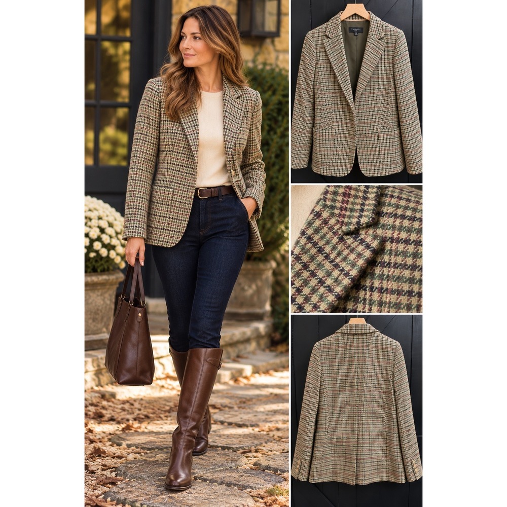 Talbots Petite 12P Wool Blend Plaid Blazer Crest Buttons Heritage Equestrian